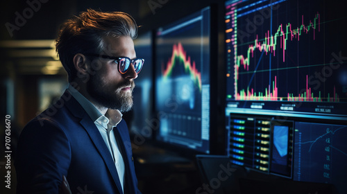 Businessman analyzing company financial balance sheet working with digital virtual graphics Businessman calculating financial data for long term investment growth goals