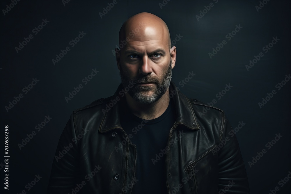 Portrait of a brutal man in a leather jacket on a dark background