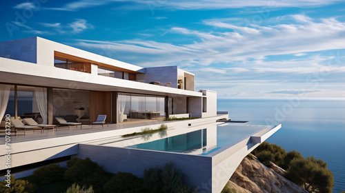 Perched on the cliff modern minimalist-style home offers breathtaking views of the sea complemented by tranquil swimming pool at the edge creating perfect blend of contemporary design coastal serenity