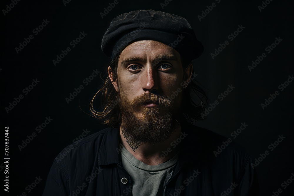 Portrait of a brutal bearded man in a cap on a dark background