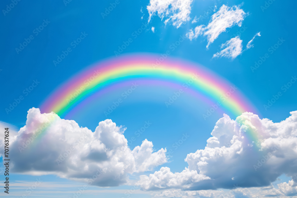 Vibrant rainbow with playful clouds at each end, set against a clear, bright blue sky.
