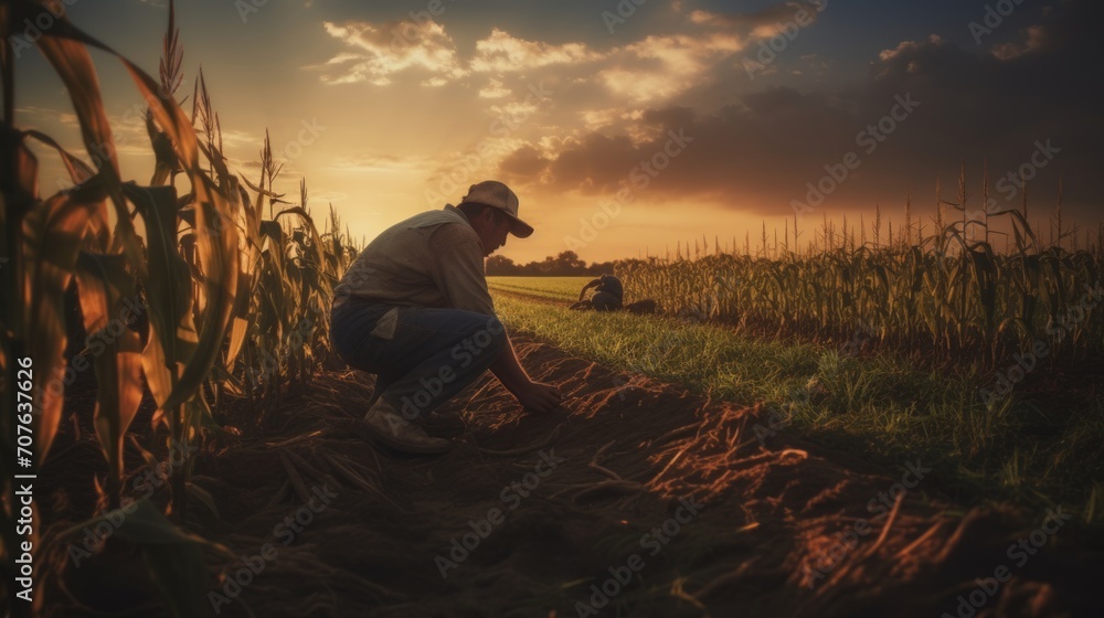Fototapeta premium Sunset over a tranquil farm, with workers using traditional methods to handpick corn in a vast, amber-hued cornfield. Generative AI