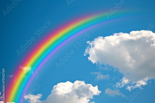 Vibrant rainbow with playful clouds at each end  set against a clear  bright blue sky.