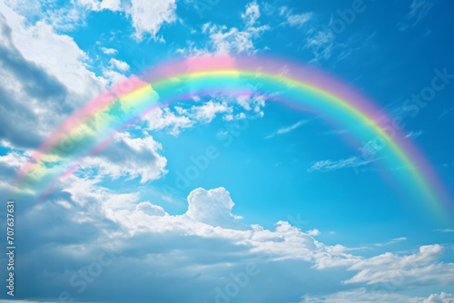Vibrant rainbow with playful clouds at each end, set against a clear, bright blue sky. © Gasi