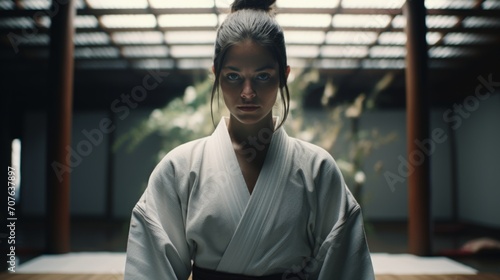 The ambiance of a girl gracefully executing kata in a kimono within the dojo's tranquil environment. Generative AI