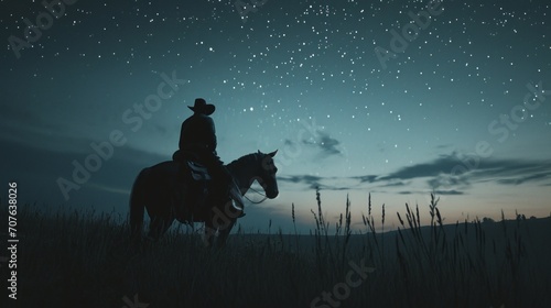 The solitude of a lone cowboy on night watch, safeguarding the herd under the stars in the quiet of the prairie. Generative AI © vadosloginov