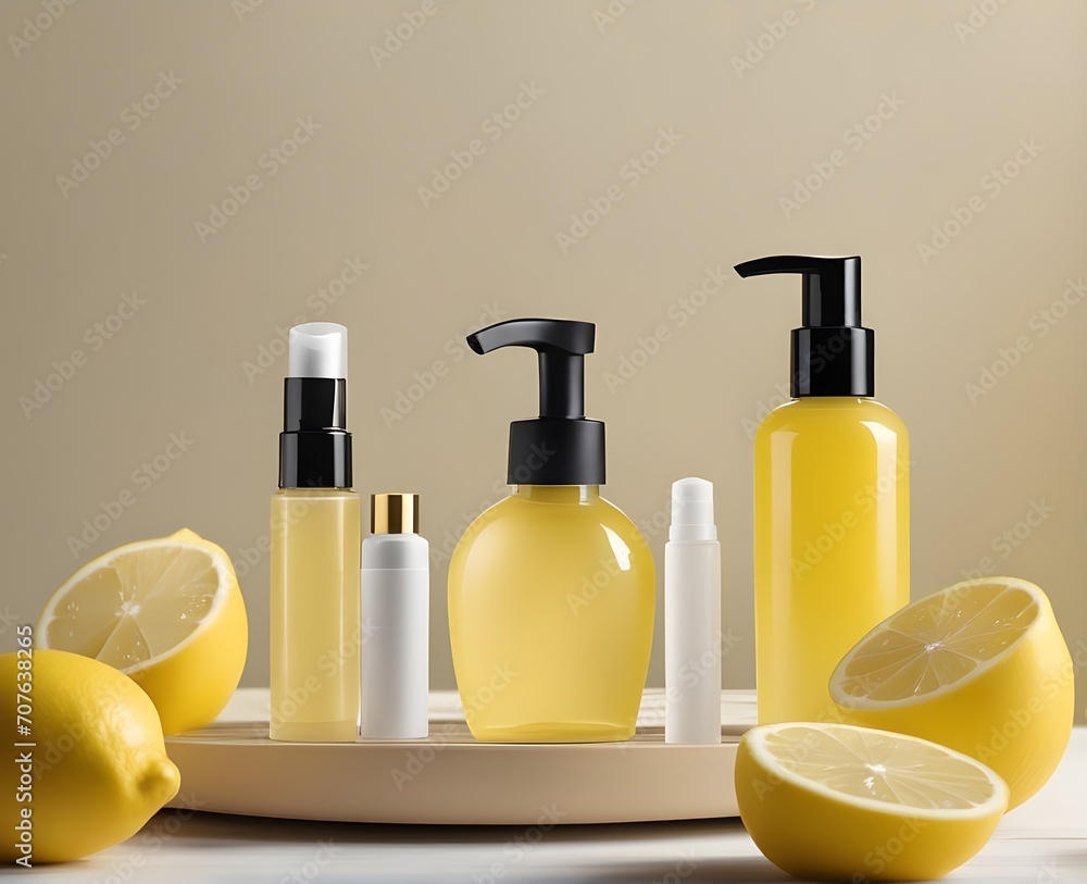 product photograph of yellow beauty cosmetic products :cosmetic bottles/ cream, shampoo containers without labels. Creative mockup set up with lemon product photograph of yellow beauty cosmetic products :cosmetic bottles/ cream, shampoo containers without labels. Creative mockup set up with lemon