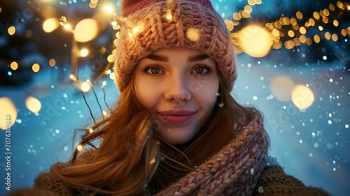 A woman takes a selfie against a backdrop of shimmering fairy lights in an enchanting twilight glow