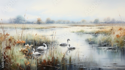 Tranquil marshlands with diverse birdlife. aquarelle Generative AI