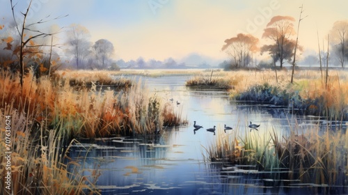 Tranquil marshlands with diverse birdlife. aquarelle Generative AI