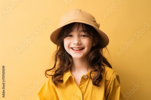 beautiful asian woman wearing yellow raincoat and hat over yellow background © Inigo