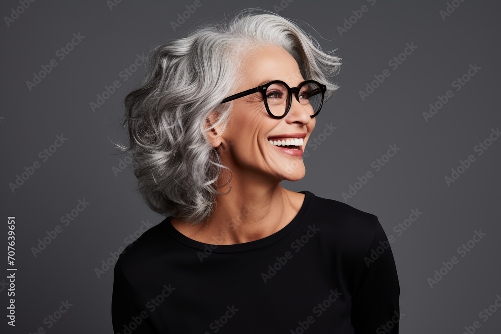 Portrait of smiling senior woman in eyeglasses over grey background.