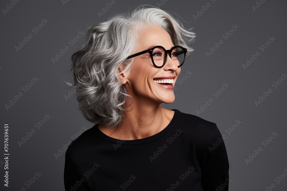 Portrait of smiling senior woman in eyeglasses over grey background. Portrait of smiling senior woman in eyeglasses over grey background.