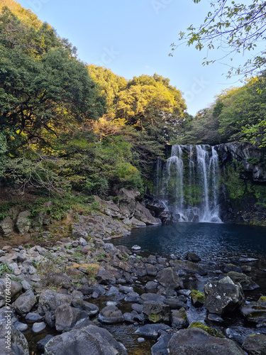 This is a panoramic view of the 2nd Cheonjeyeon Waterfall.