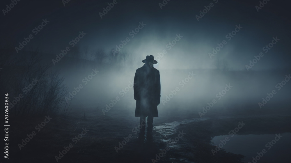 Man Waiting Mysteriously In The Fog. oncept Mysterios