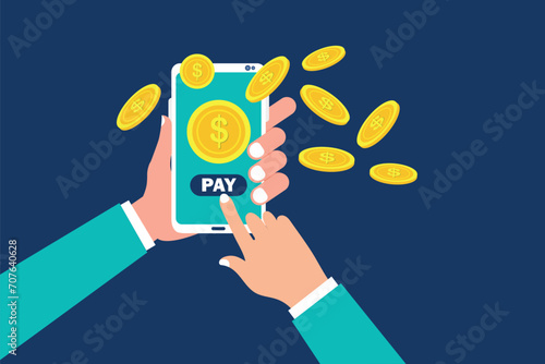 Mobile payment App, Hand holding smartphone for sending and receiving money online