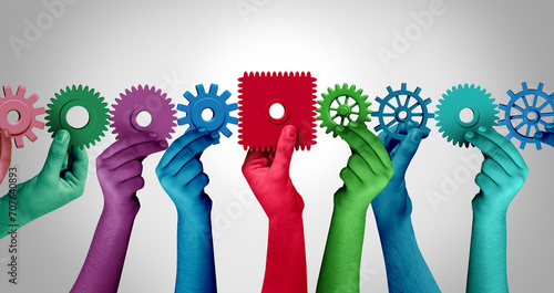 Workflow Disruption as an interupted chain of gears and cog wheels representing productivity problems or business challenge as an interruption or jam in a work group as an obstruction or obstacle. photo