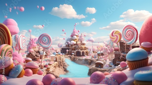 Fantasy candy land with colorful sweet castles, lollipops, and candies under a blue sky with fluffy clouds.