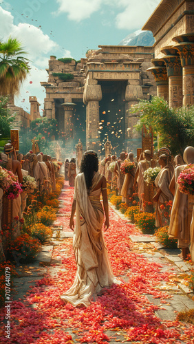 Indian woman in a long white dress walking among the flowers in an ancient temple,Generative AI