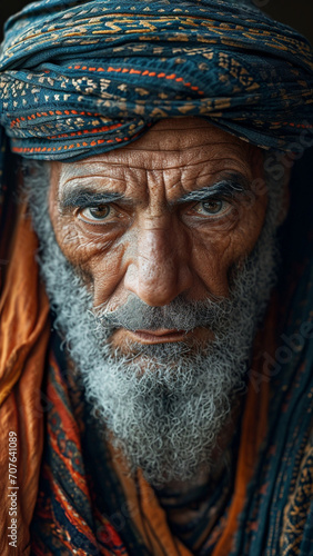 Close up portrait of a sad old man with white beard and turban,Generative AI