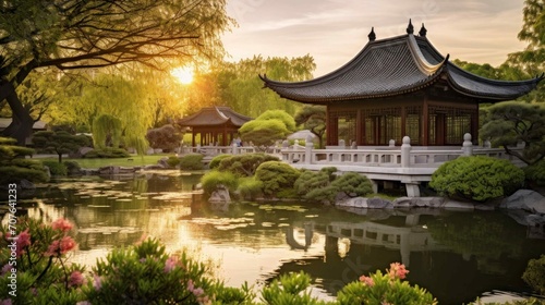 A traditional Chinese garden adorned with classical architecture © Kumblack