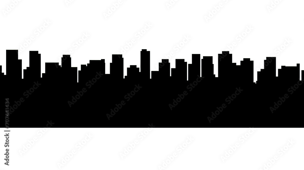 This image shows a simple black silhouette of the city skyline in front of a white background with copy space. City rendering concept. AI generated.
