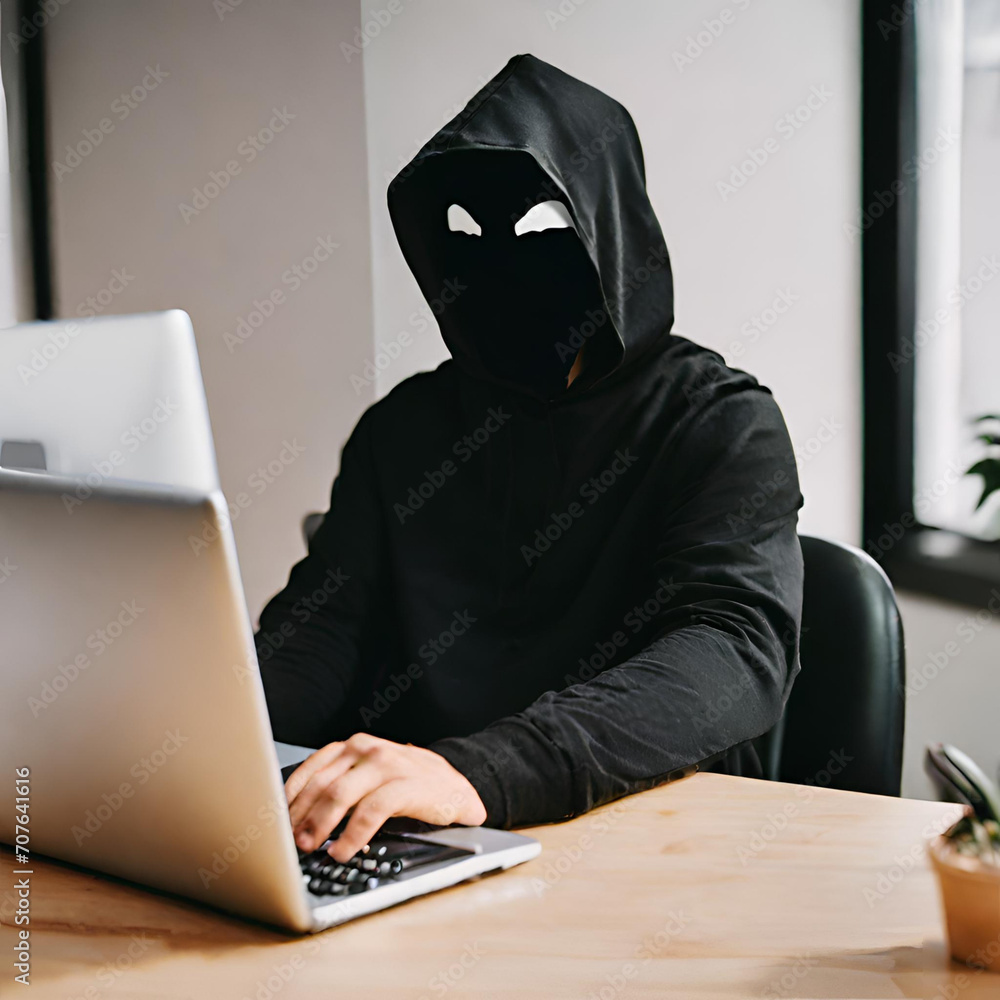 thief or hacker in black hoodie with a mask in office room. thief or hacker in black hoodie with a mask in office room.
