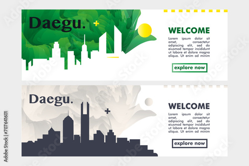 Daegu city banner pack with abstract shapes of skyline, cityscape, landmark. South Korea megapolis travel vector horizontal illustration layout, brochure, website, page, presentation, header, footer