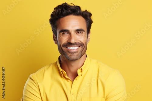Portrait of happy young man in yellow shirt over yellow background. © Inigo