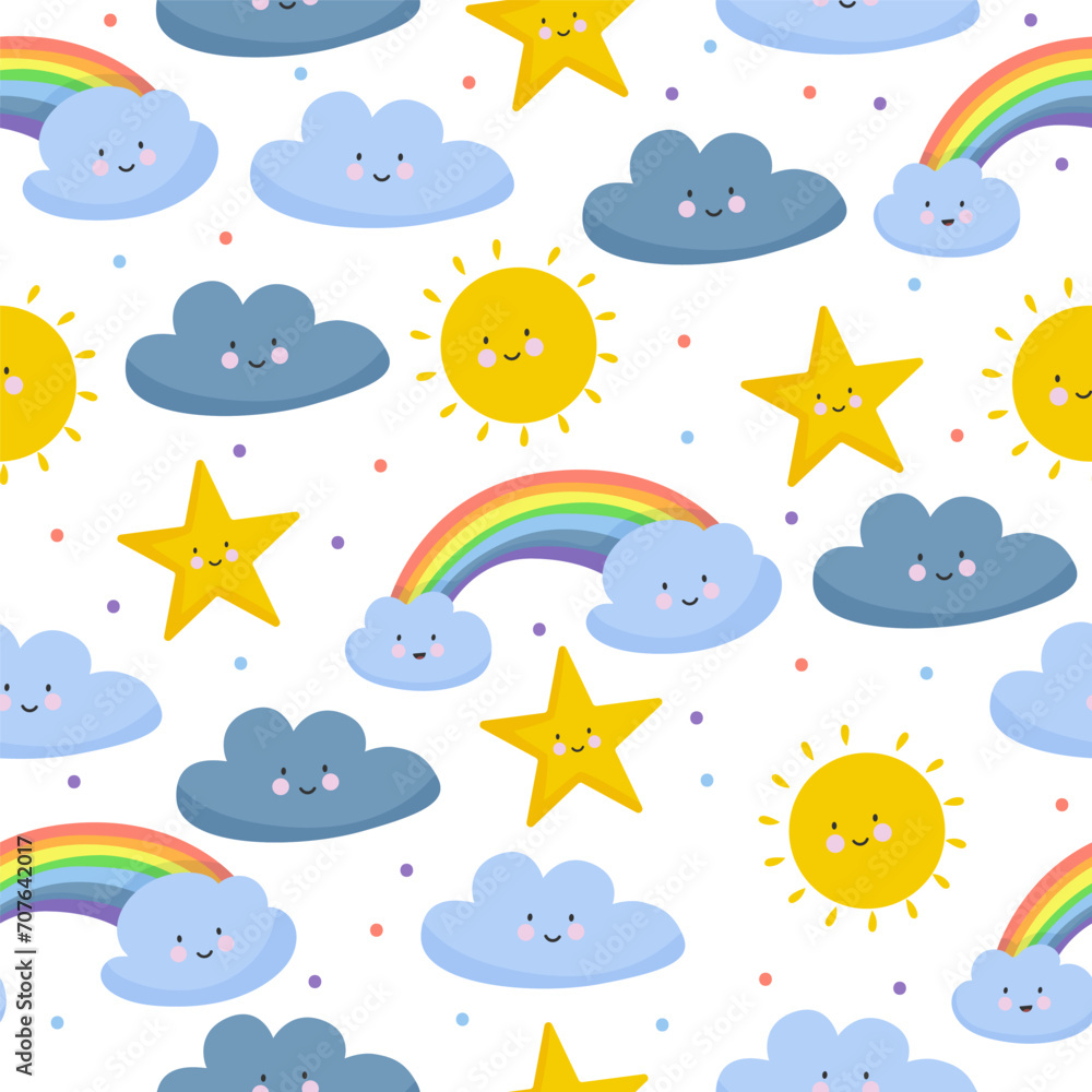 Cute clouds pattern. Vector illustration seamless. Sun, clouds, sky. For printing use Cute clouds pattern. Vector illustration seamless. Sun, clouds, sky. For printing use