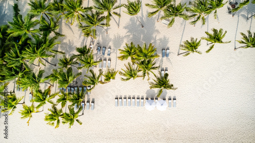 Aerial view of a tropical beach with palm trees, sun loungers, and umbrellas casting shadows on the white sand, suggesting a luxurious holiday destination