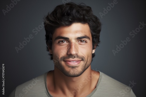 Portrait of a handsome young man looking at the camera against a grey background