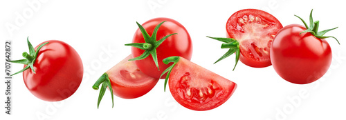Fresh red tomato whole and cut in half isolated