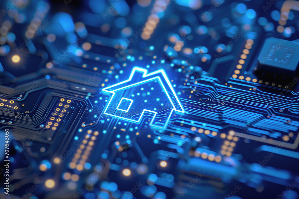 Smart home concept with a glowing house on a circuit board, on a transparent background, ideal for technology themes.
Smart home concept with a glowing house on a circuit board, on a transparent background, ideal for technology themes.