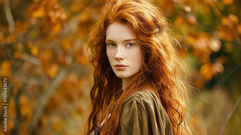 Close-up portrait of a redhead woman with freckles wearing a black hat in a field. Close-up portrait of a redhead woman with freckles wearing a black hat in a field.