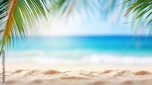 Close-up of sandy beach with palm leaves in the foreground and sparkling ocean in the background © mashimara