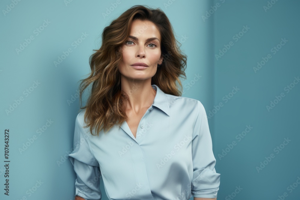 Beautiful young business woman portrait. Blue background. Studio shot. Beautiful young business woman portrait. Blue background. Studio shot.