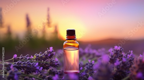 Essential oil bottle with lavender flowers against a sunset.