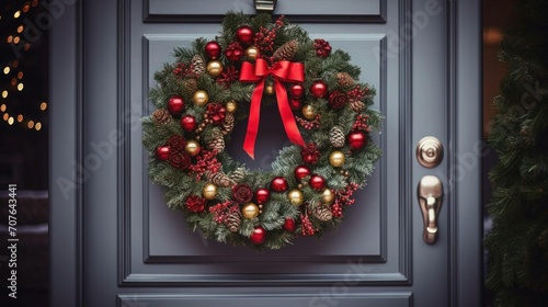 a wreath on a door with a red bow © Kumblack