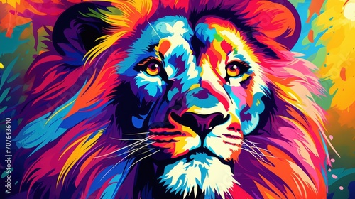 Colorful pop art style. Lion isolated on a white background. Bright animal Leo. Print on canvas or download