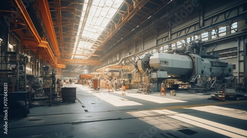 The interior of the factory for the production of missiles, tanks and modern military equipment with natural light.