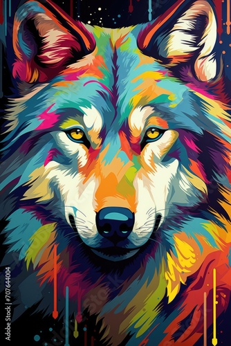 Abstract square animal background illustration - Colorful pop art painting of Wolf. Print on canvas or download
