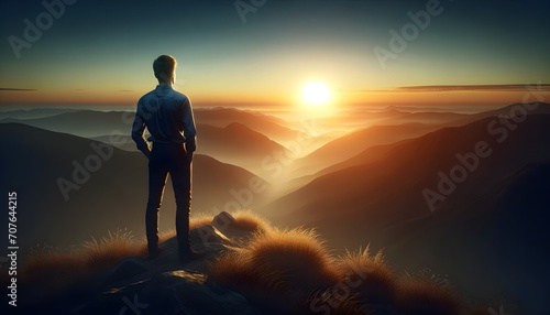 Hombre de negocios frente a un nuevo día, contemplando el paisaje de un amanecer lleno de esperanza, belleza, majestuosidad y paz en la vastedad, amplitud y libertad de las montañas.