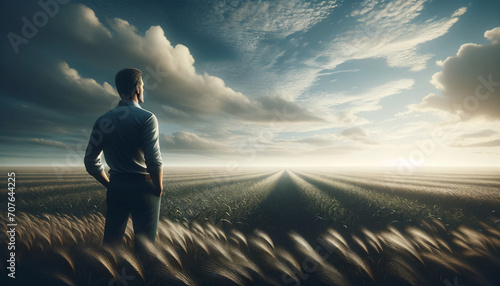 Hombre reflexionando sobre la vida en un campo de cultivo de trigo. Cuestionando cómo es la vida, mirando el atardecer al aire libre. Libertad emprendedora. Hombre pensando. Mirada al horizonte. photo