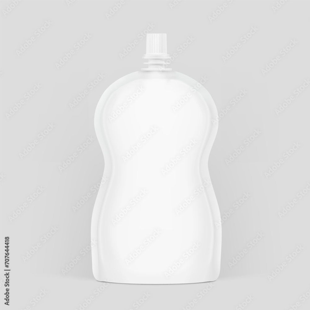 Figure curve spout pouch packaging mockup. Vector illustration isolated on white background. Front view. Can be use for template your design, presentation, promo, ad. EPS10. Figure curve spout pouch packaging mockup. Vector illustration isolated on white background. Front view. Can be use for template your design, presentation, promo, ad. EPS10.