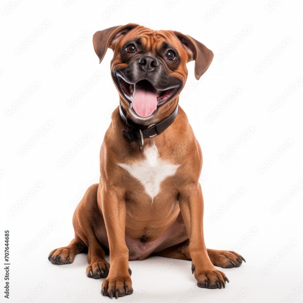 Happy Boxer sitting on a white background, alert and joyful expression Generative AI