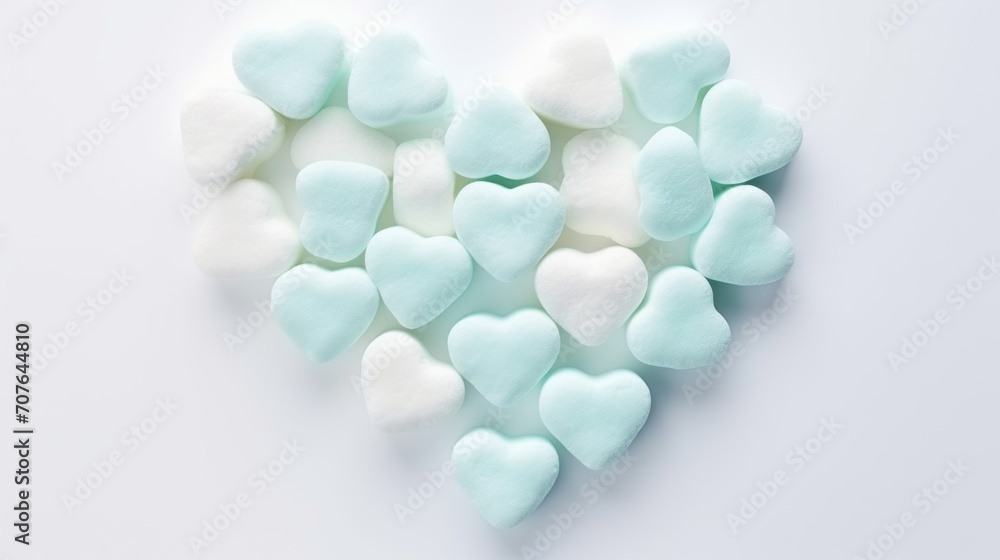 Marshmallows in pastel aquamarine, heart-shaped, aligned neatly on a white background, soft natural lighting, romantic and sweet scene Generative AI