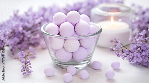 Marshmallows in soft lavender  miniature round-shaped  clustered on a white surface  ambient lighting  dainty and elegant arrangement Generative AI