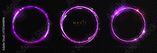 Set of Magic violet glowing shiny trails or circles isolated on black transparent background. Vector illustration