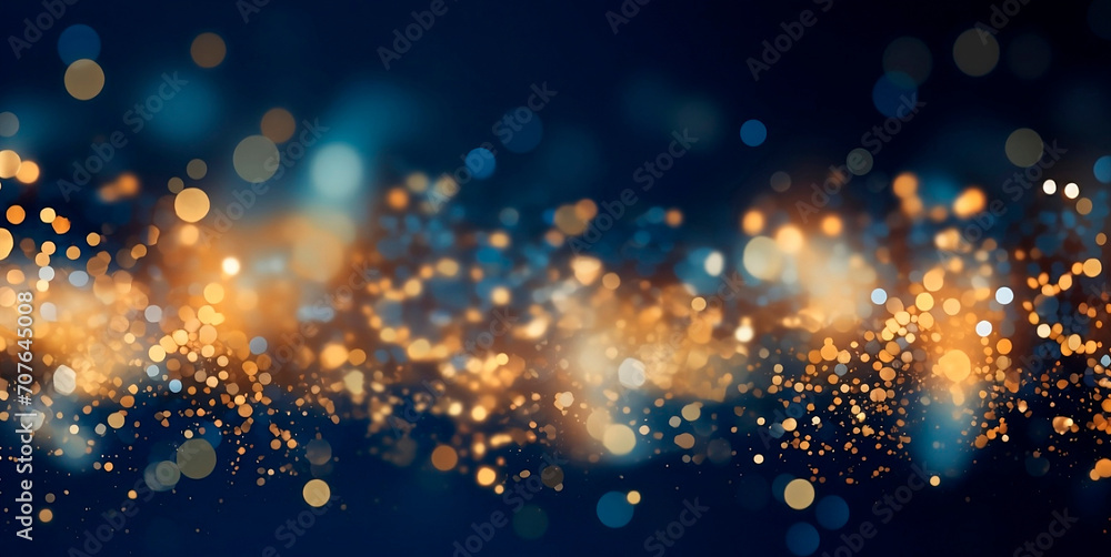 Blue and gold Abstract background with fireworks and bokeh, graphic resources. stars and circles in gold color in bokeh effect.Glitter luxury gold. The background for the holiday.